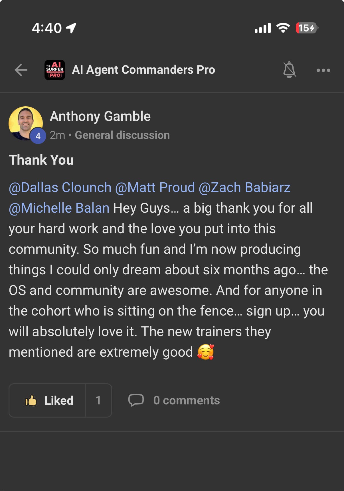 Anthony Gamble written community testimonial