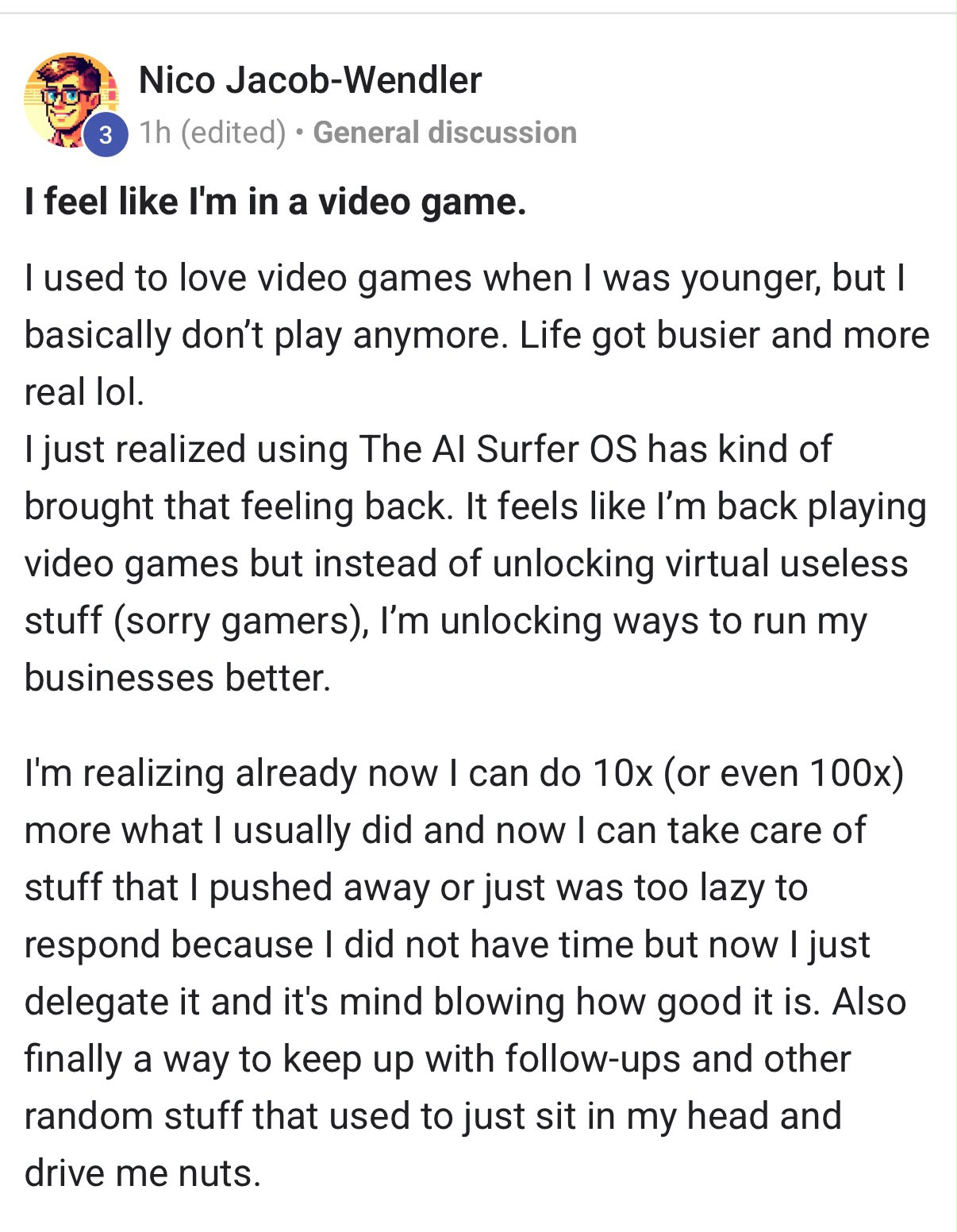 Nico Jacob-Wendler written community testimonial